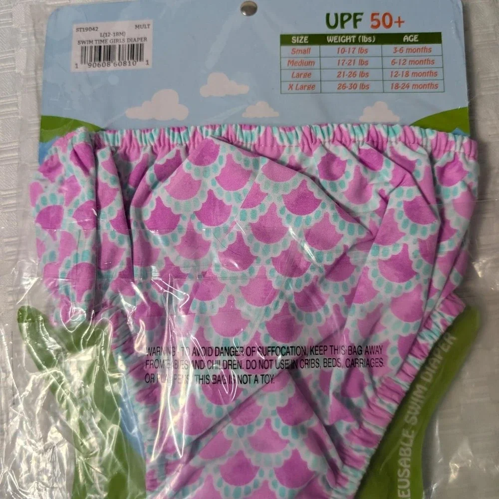 Swimtime reusable swim diaper with pink and light blue mermaid scale pattern